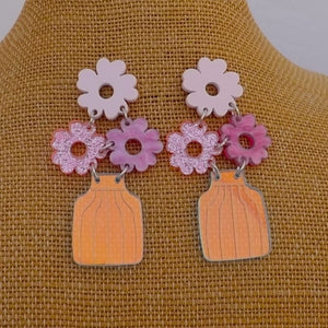 Pink Flowers in Vase Chunky Acrylic Drop Earrings