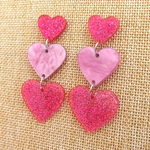 Load image into Gallery viewer, Glitter Triple Acrylic Heart Stud Earrings (Pink or Black)
