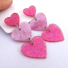 Load image into Gallery viewer, Glitter Triple Acrylic Heart Stud Earrings (Pink or Black)
