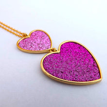 Load image into Gallery viewer, Pink Glitter &amp; Gold Tone Double Heart Pendant Necklace
