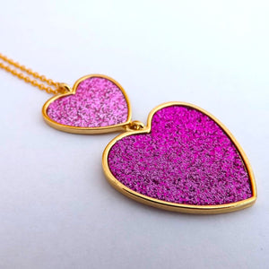 Pink Glitter & Gold Tone Double Heart Pendant Necklace