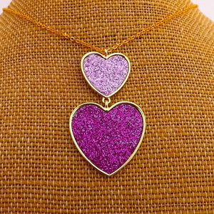 Pink Glitter & Gold Tone Double Heart Pendant Necklace