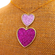 Load image into Gallery viewer, Pink Glitter &amp; Gold Tone Double Heart Pendant Necklace
