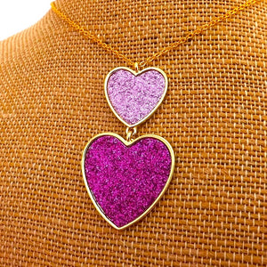 Pink Glitter & Gold Tone Double Heart Pendant Necklace