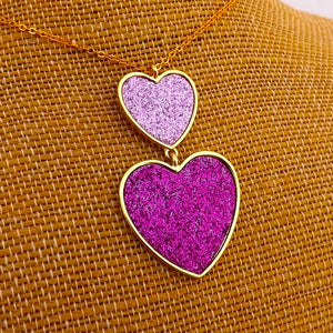 Pink Glitter & Gold Tone Double Heart Pendant Necklace