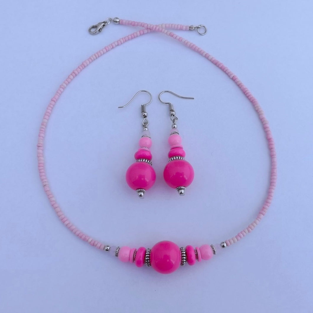 Pink Handmade Bead Necklace & Earrings Set