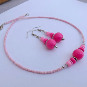 Pink Handmade Bead Necklace & Earrings Set