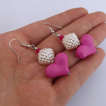 Load image into Gallery viewer, Pink Heart &amp; Faux Pearl Handmade Bead Earrings
