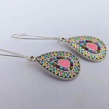 Load image into Gallery viewer, Pink Mix &amp; Silver Tone Teardrop Dotted Earrings on Long Kidney Hooks
