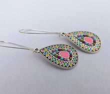 Load image into Gallery viewer, Pink Mix &amp; Silver Tone Teardrop Dotted Earrings on Long Kidney Hooks
