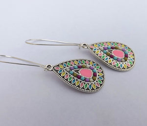 Pink Mix & Silver Tone Teardrop Dotted Earrings on Long Kidney Hooks