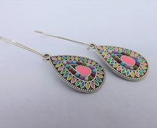 Load image into Gallery viewer, Pink Mix &amp; Silver Tone Teardrop Dotted Earrings on Long Kidney Hooks
