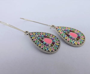 Pink Mix & Silver Tone Teardrop Dotted Earrings on Long Kidney Hooks