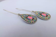 Load image into Gallery viewer, Pink Mix &amp; Silver Tone Teardrop Dotted Earrings on Long Kidney Hooks
