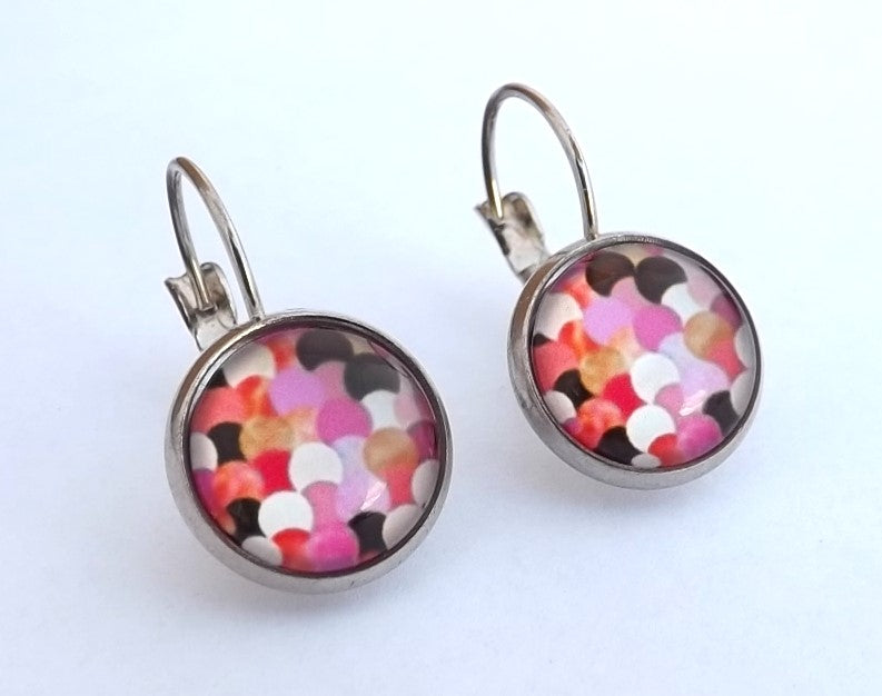 Pink Pattern Dome Earrings on Lever Back Hooks