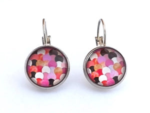 Pink Pattern Dome Earrings on Lever Back Hooks