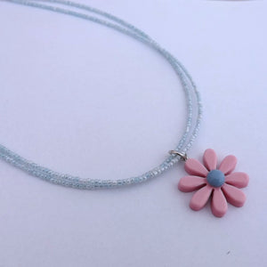 Pink Acrylic Daisy Pendant on Light Blue Double Seed Bead Necklace