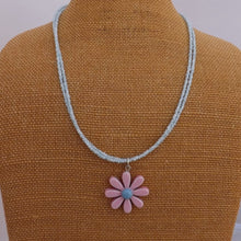 Load image into Gallery viewer, Pink Acrylic Daisy Pendant on Light Blue Double Seed Bead Necklace
