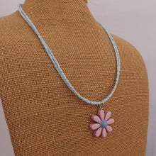 Load image into Gallery viewer, Pink Acrylic Daisy Pendant on Light Blue Double Seed Bead Necklace
