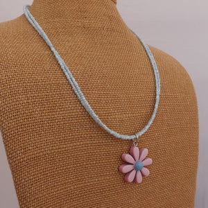 Pink Acrylic Daisy Pendant on Light Blue Double Seed Bead Necklace