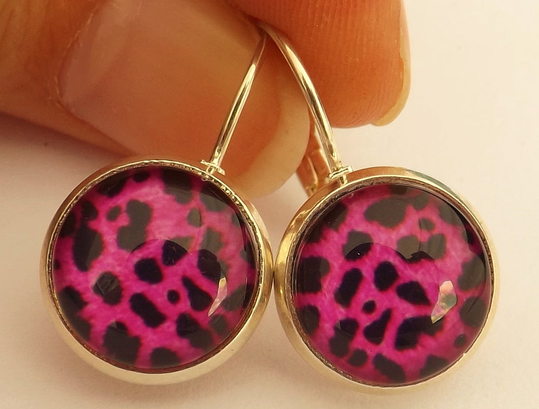 Pink & Black Animal Print  - Dome Earrings on Lever back hooks