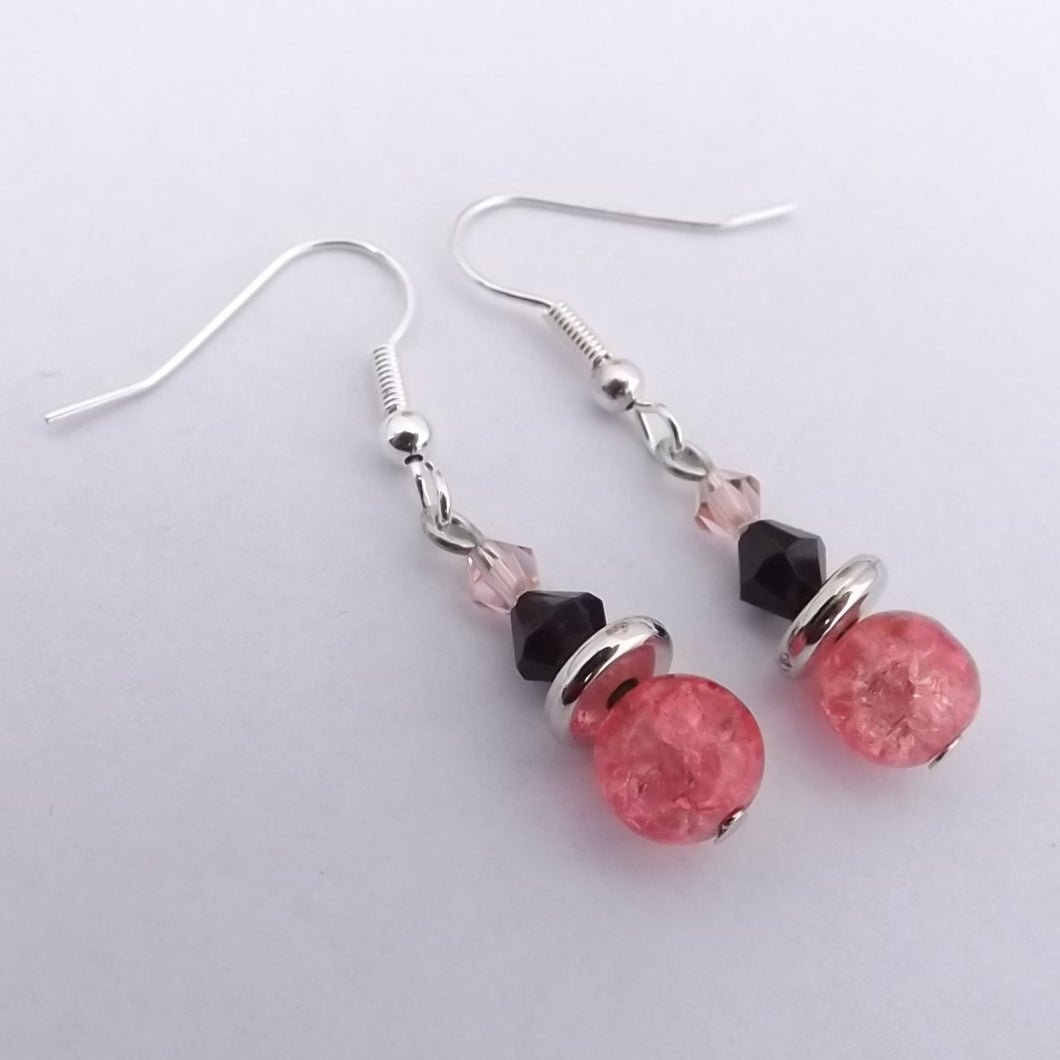 Pink, Black & Silver Handmade Bead Earrings