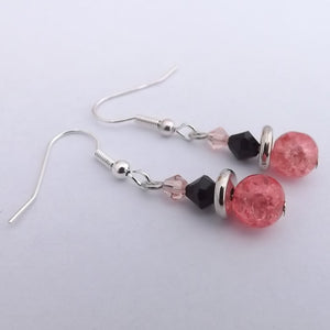 Pink, Black & Silver Handmade Bead Earrings