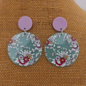Pink & Blue Floral Acrylic Drop Earrings