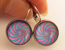 Load image into Gallery viewer, Pink &amp; Blue Spiral Pattern - Dome Earrings on Lever back hooks
