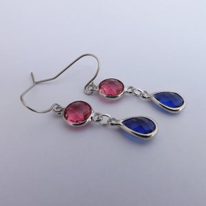 Pink, Blue & Silver Tone Handmade Drop Earrings