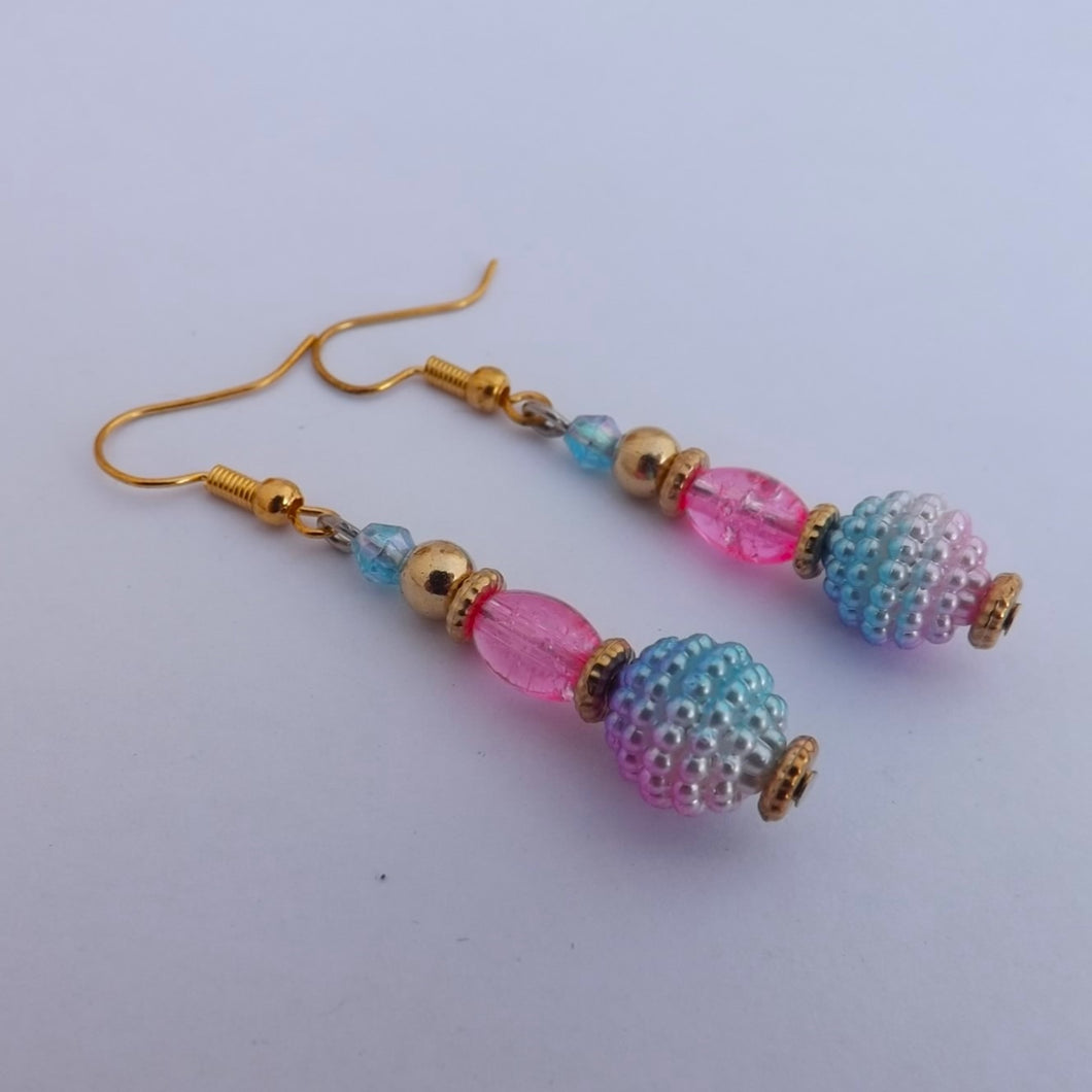 Pink, Blue & Gold Handmade Bead Earrings