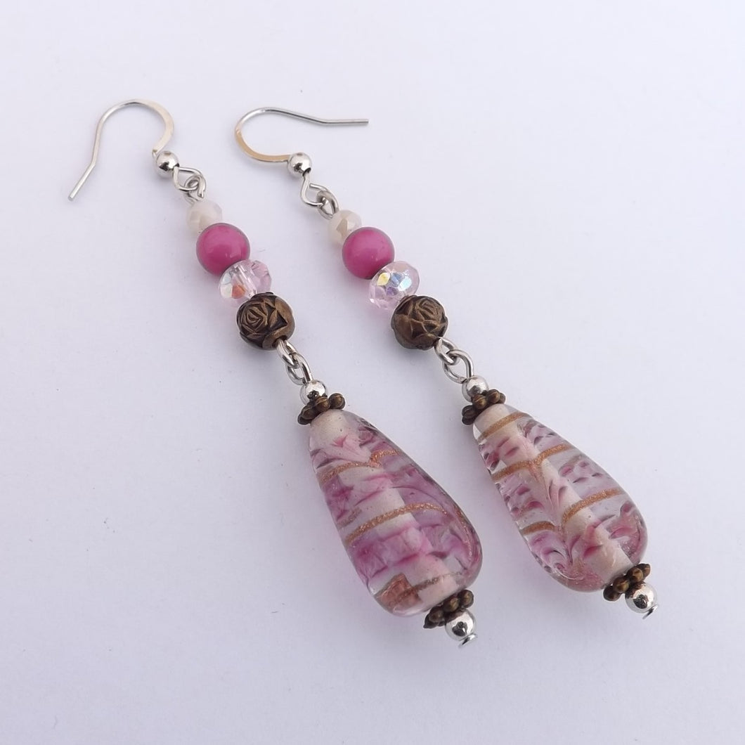 Pink, Bronze & Silver Handmade Glass Lamp Work Bead Drop Earrings