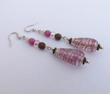 Load image into Gallery viewer, Pink, Bronze &amp; Silver Handmade Glass Lamp Work Bead Drop Earrings
