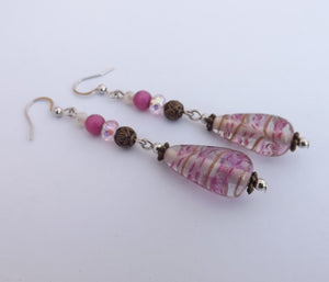 Pink, Bronze & Silver Handmade Glass Lamp Work Bead Drop Earrings