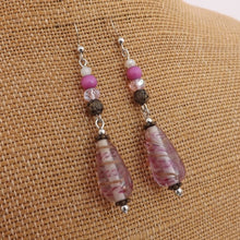 Load image into Gallery viewer, Pink, Bronze &amp; Silver Handmade Glass Lamp Work Bead Drop Earrings
