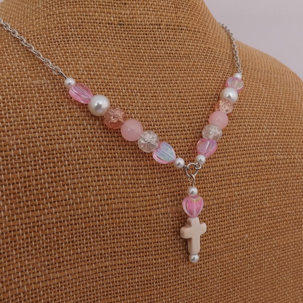 Pink & Cream Bead & Cross Handmade Bead & Chain Necklace