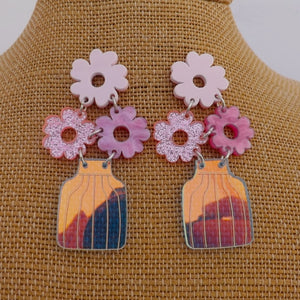 Pink Flowers in Vase Chunky Acrylic Drop Earrings
