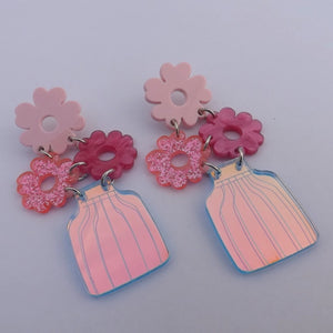 Pink Flowers in Vase Chunky Acrylic Drop Earrings