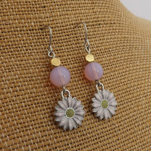 Pink & Gold Daisy Flower & Bead Drop Earrings