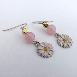 Pink & Gold Daisy Flower & Bead Drop Earrings