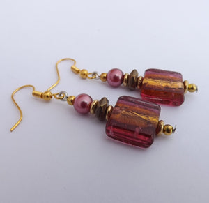 Pink & Gold Foil Cube Handmade Bead Earrings