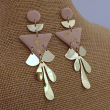 Load image into Gallery viewer, Pink &amp; Gold Leaf Polymer Drop Chandelier Stud Earrings
