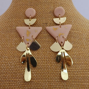 Pink & Gold Leaf Polymer Drop Chandelier Stud Earrings