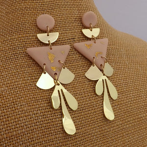 Pink & Gold Leaf Polymer Drop Chandelier Stud Earrings