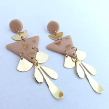 Load image into Gallery viewer, Pink &amp; Gold Leaf Polymer Drop Chandelier Stud Earrings
