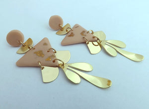 Pink & Gold Leaf Polymer Drop Chandelier Stud Earrings