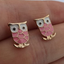 Load image into Gallery viewer, Pink &amp; Gold Tone Owl Stud Earrings
