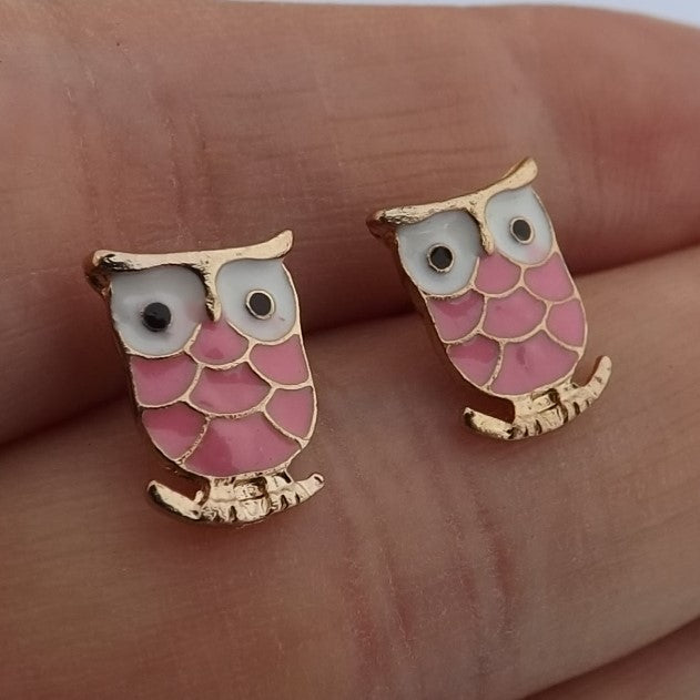 Pink & Gold Tone Owl Stud Earrings