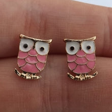 Load image into Gallery viewer, Pink &amp; Gold Tone Owl Stud Earrings
