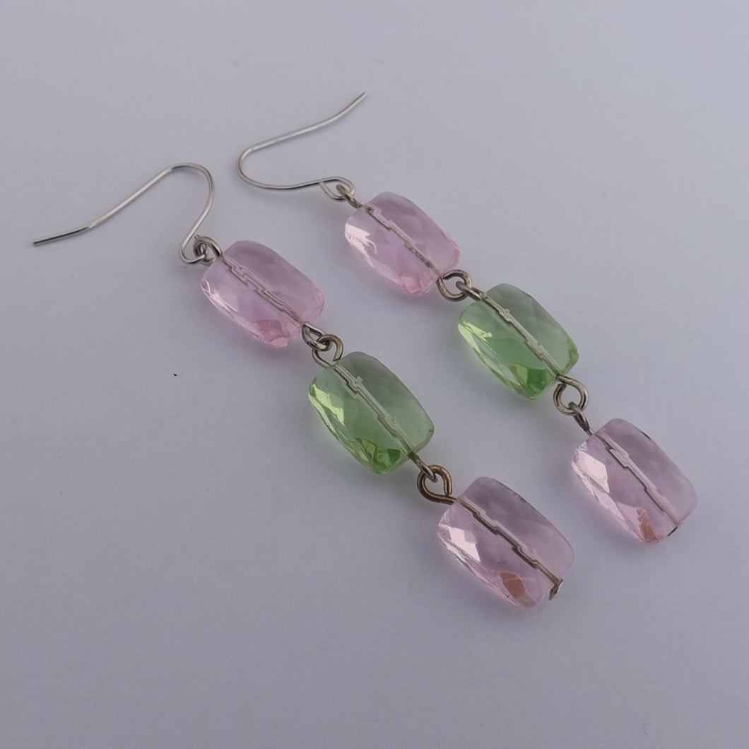 Pink & Green Handmade Faceted Glass Chain Link Bead Earrings